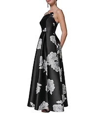 Donna Karan Mikado Strapless Asymmetrical Floral Gown