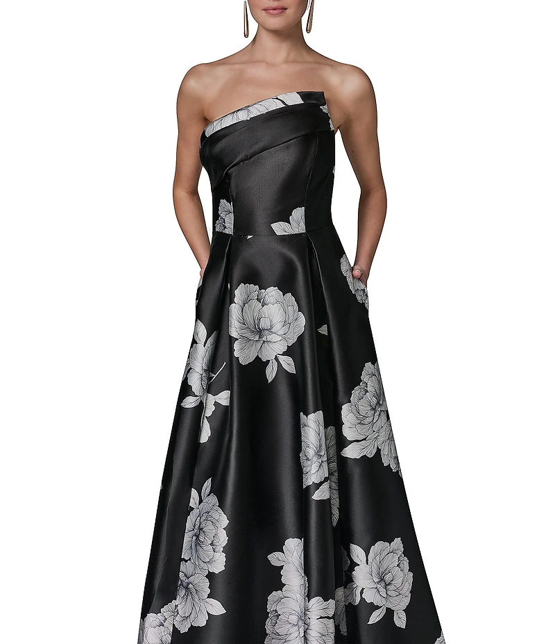 Donna Karan Mikado Strapless Asymmetrical Floral Gown
