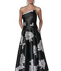 Donna Karan Mikado Strapless Asymmetrical Floral Gown