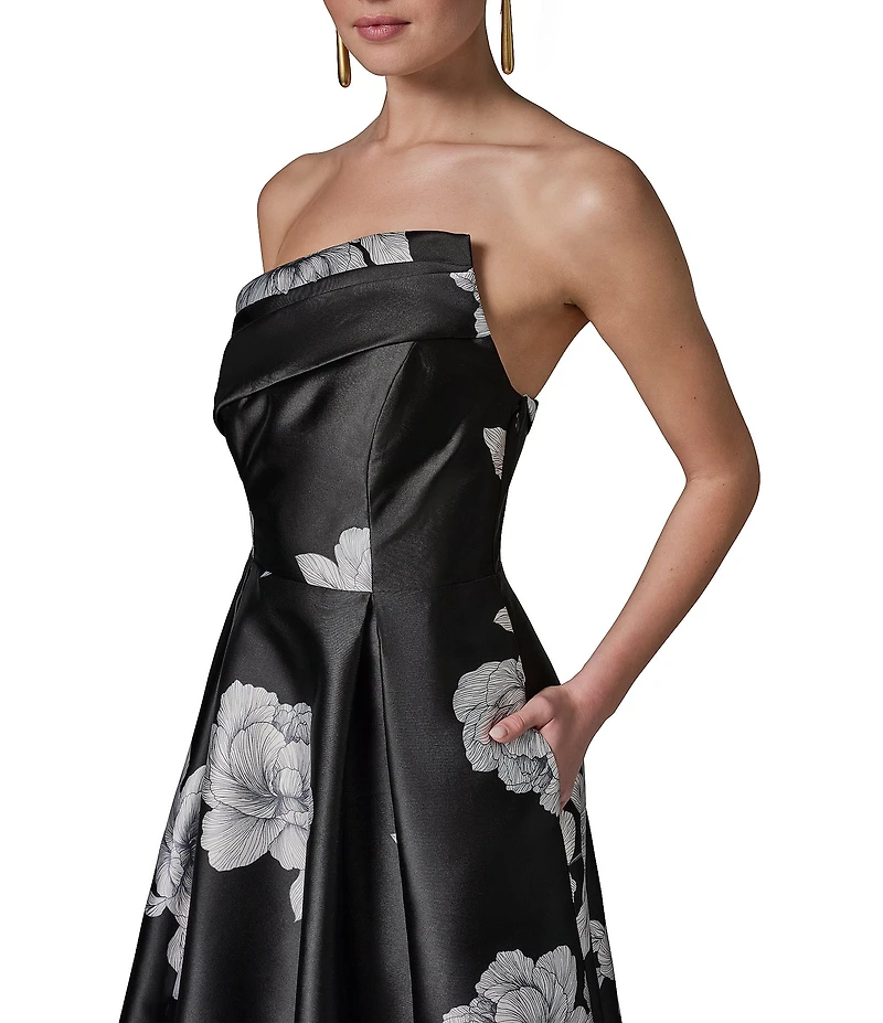 Donna Karan Mikado Strapless Asymmetrical Floral Gown