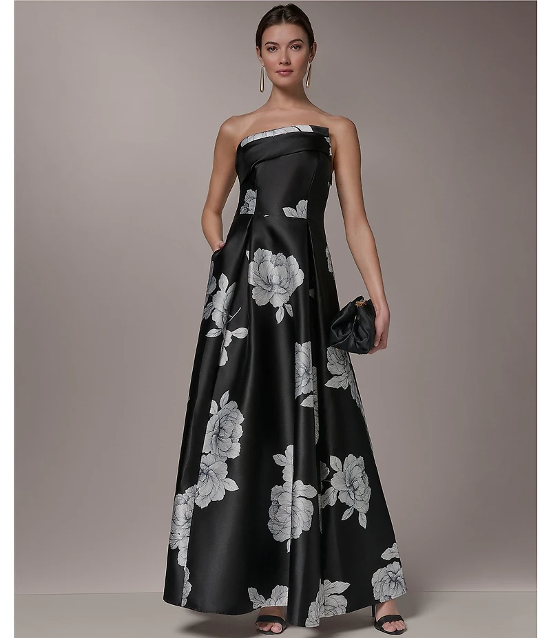 Donna Karan Mikado Strapless Asymmetrical Floral Gown