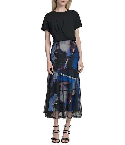 Donna Karan Mix Media Short Sleeve Twist Front Midi Dress