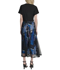 Donna Karan Mix Media Short Sleeve Twist Front Midi Dress