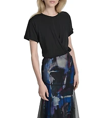 Donna Karan Mix Media Short Sleeve Twist Front Midi Dress