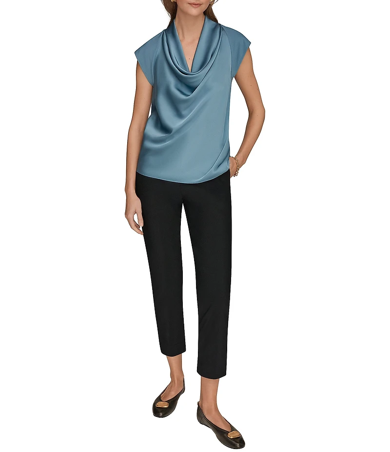 Donna Karan Mixed Media Crepe Jersey Cowl Neck Short Sleeve Blouse