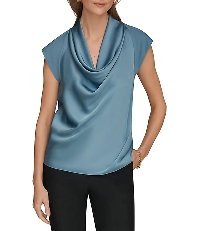 Donna Karan Mixed Media Crepe Jersey Cowl Neck Short Sleeve Blouse