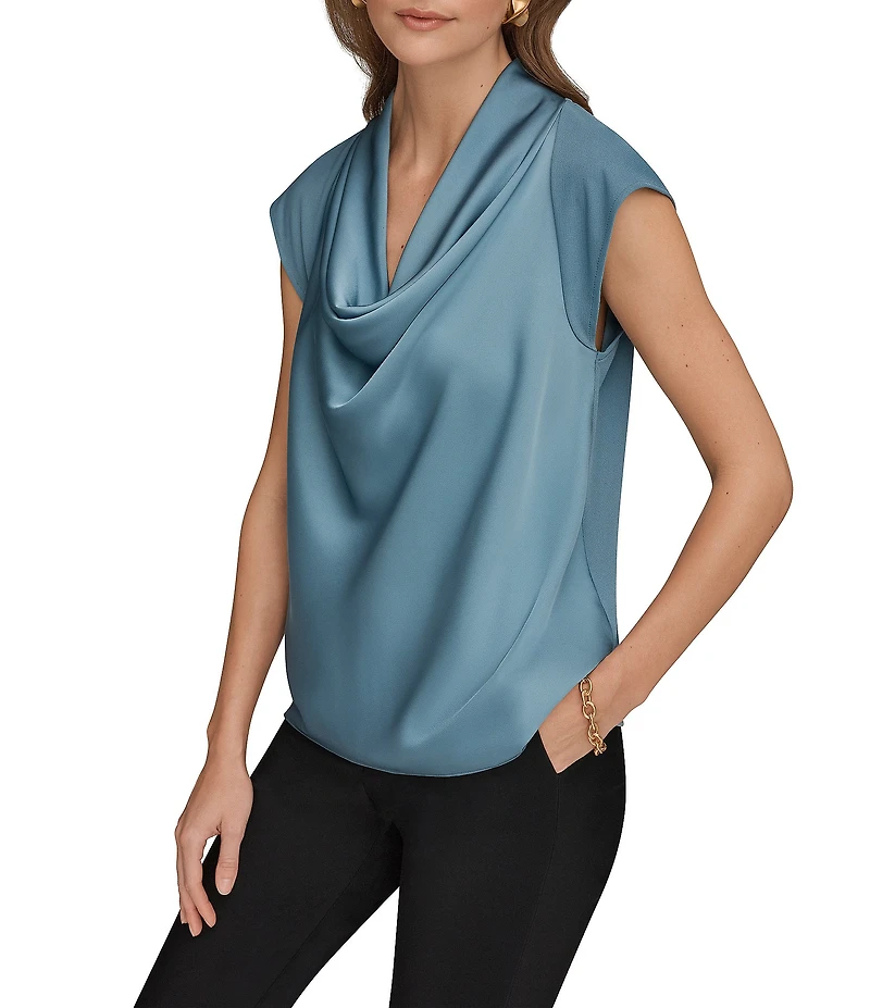 Donna Karan Mixed Media Crepe Jersey Cowl Neck Short Sleeve Blouse