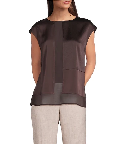 Donna Karan Mixed Media Crew Neck Cap Sleeve Top