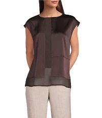 Donna Karan Mixed Media Crew Neck Cap Sleeve Top
