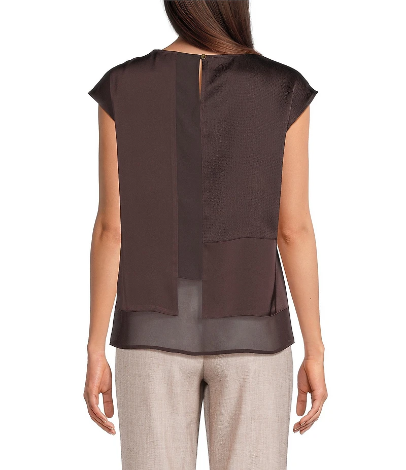Donna Karan Mixed Media Crew Neck Cap Sleeve Top