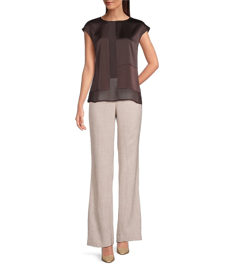 Donna Karan Mixed Media Crew Neck Cap Sleeve Top