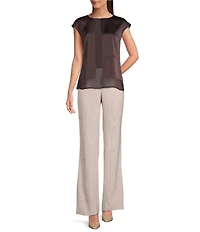 Donna Karan Mixed Media Crew Neck Cap Sleeve Top