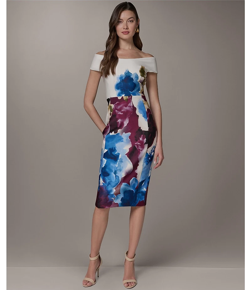 Donna Karan Off The Shoulder Floral Print Midi Dress