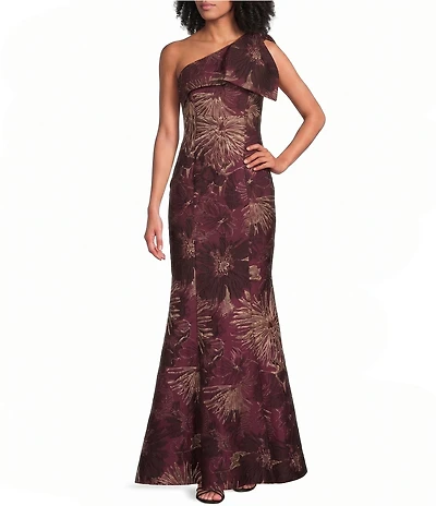 Donna Karan One Cascading Ruffle Shoulder Metallic Brocade Long Trumpet Dress