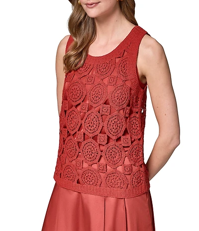 Donna Karan Open Stitch Crochet Crew Neck Sleeveless Top