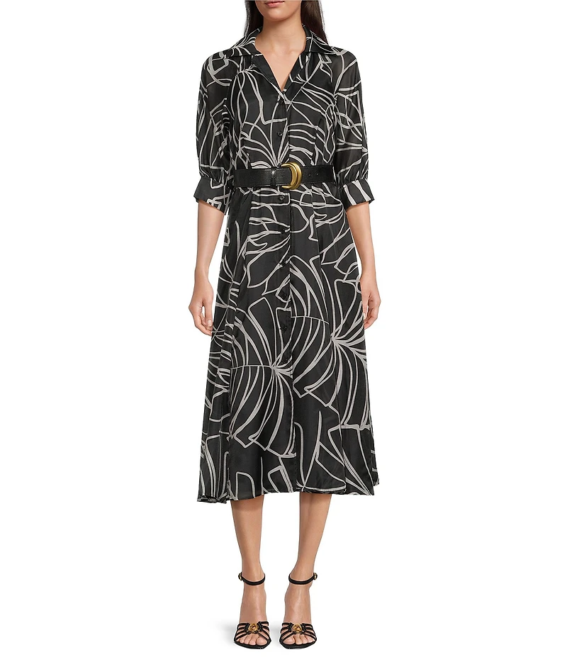 Donna Karan Organza Abstract Print 3/4 Sleeve Midi Shirt Dress
