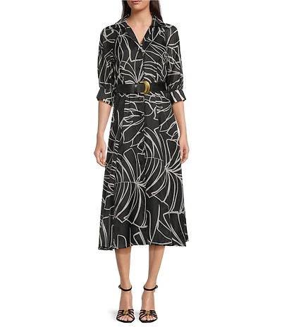 Donna Karan Organza Abstract Print 3/4 Sleeve Midi Shirt Dress