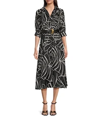 Donna Karan Organza Abstract Print 3/4 Sleeve Midi Shirt Dress