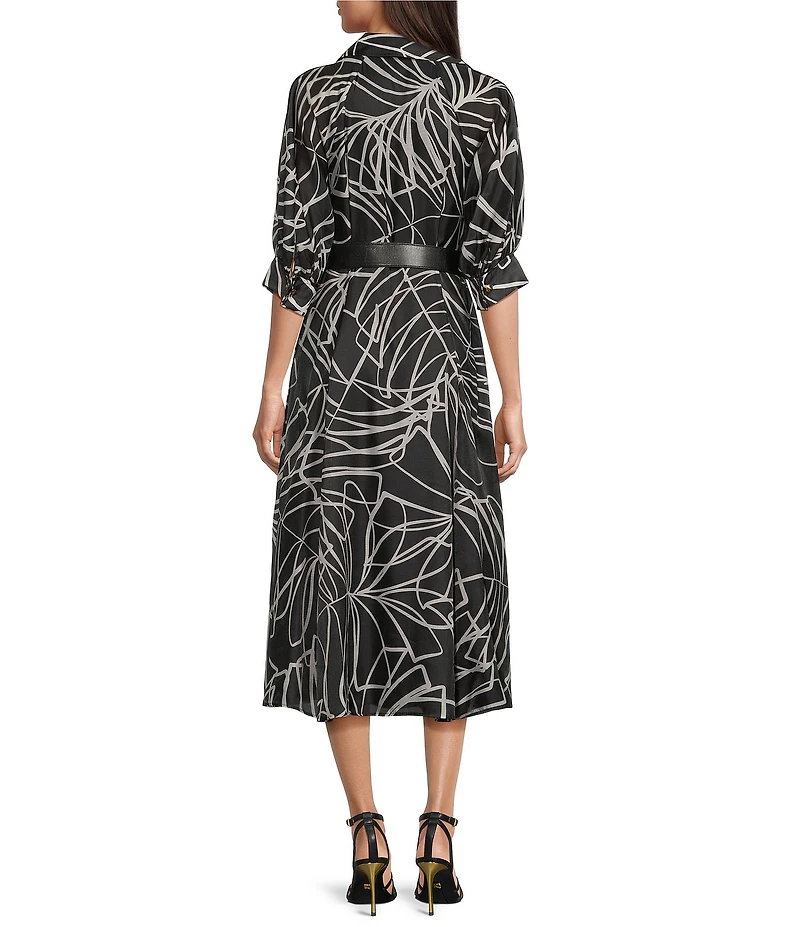 Donna Karan Organza Abstract Print 3/4 Sleeve Midi Shirt Dress