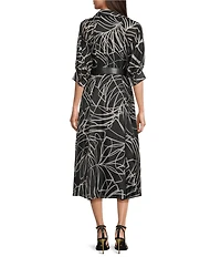 Donna Karan Organza Abstract Print 3/4 Sleeve Midi Shirt Dress