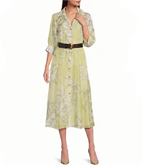 Donna Karan Organza Floral Print Belted Midi Dress