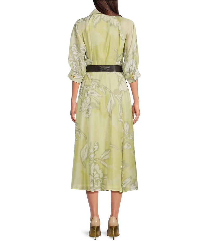 Donna Karan Organza Floral Print Belted Midi Dress