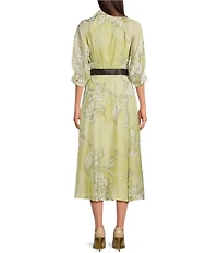Donna Karan Organza Floral Print Belted Midi Dress