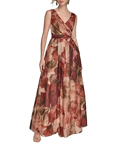Donna Karan Organza Floral Print Sleeveless Belted V-Neck Ball Gown