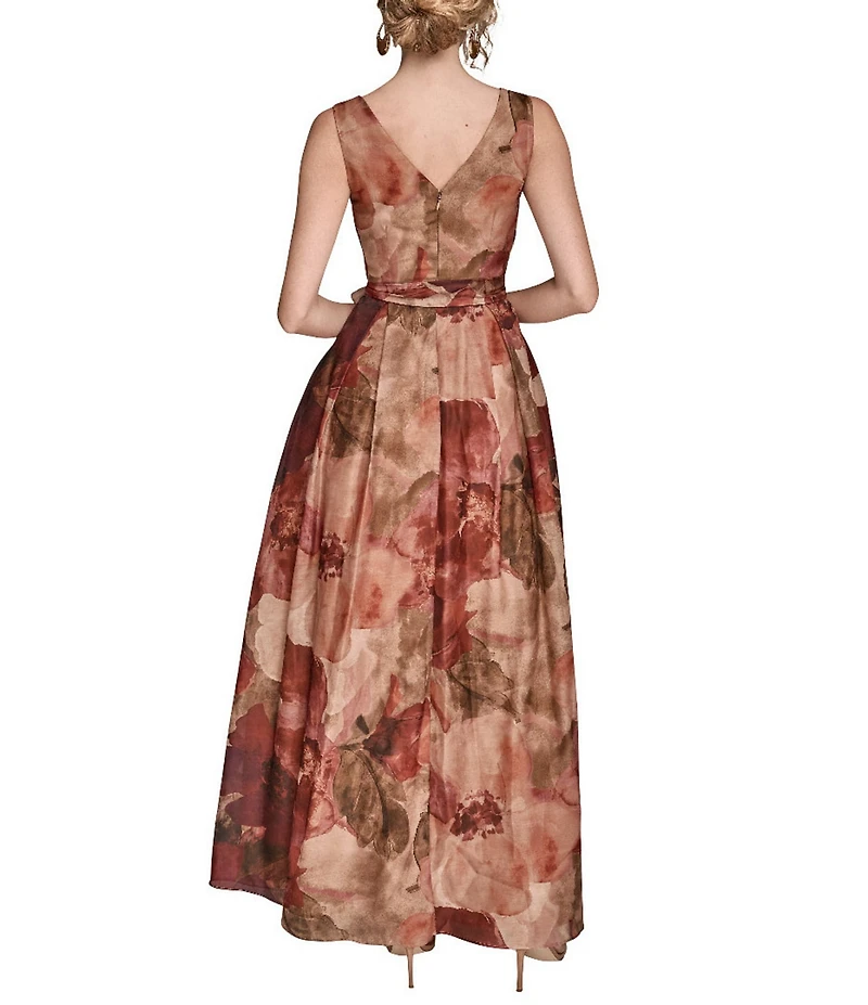 Donna Karan Organza Floral Print Sleeveless Belted V-Neck Ball Gown