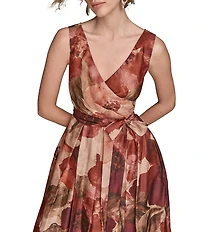 Donna Karan Organza Floral Print Sleeveless Belted V-Neck Ball Gown
