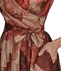 Donna Karan Organza Floral Print Sleeveless Belted V-Neck Ball Gown