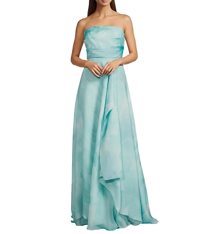 Donna Karan Organza Strapless Neckline Side Slit Draping A-Line Gown