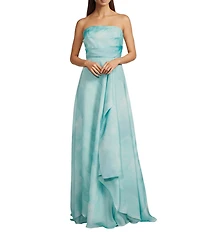 Donna Karan Organza Strapless Neckline Side Slit Draping A-Line Gown