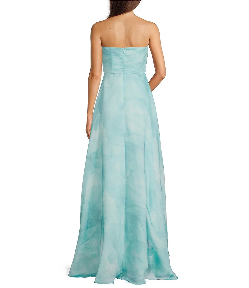 Donna Karan Organza Strapless Neckline Side Slit Draping A-Line Gown