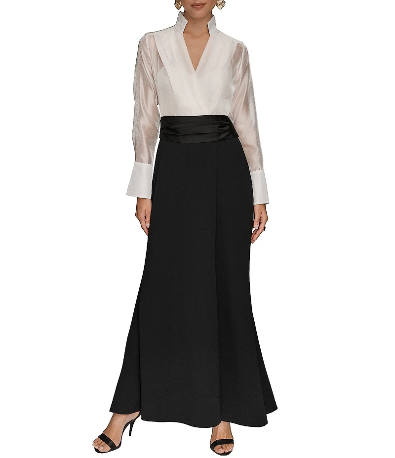 Donna Karan Organza Wrap V-Neck Long Sleeve Scuba Crepe And Satin Skirt Gown