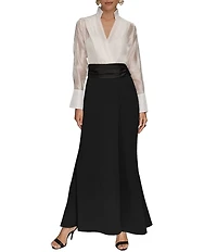 Donna Karan Organza Wrap V-Neck Long Sleeve Scuba Crepe And Satin Skirt Gown