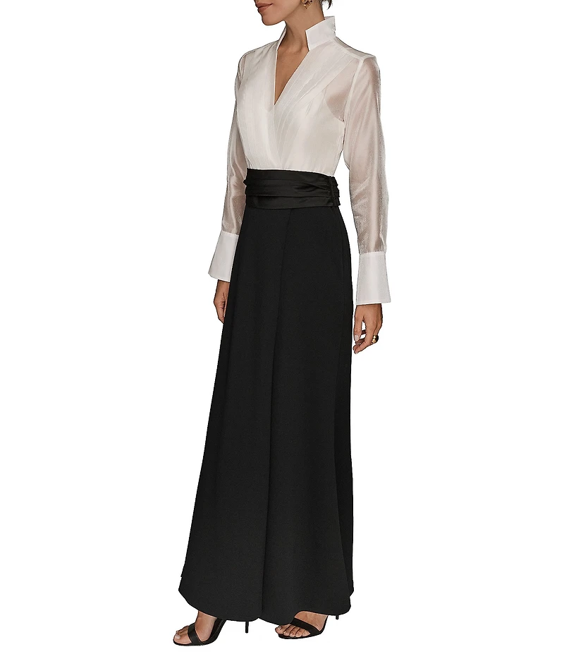 Donna Karan Organza Wrap V-Neck Long Sleeve Scuba Crepe And Satin Skirt Gown