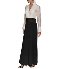 Donna Karan Organza Wrap V-Neck Long Sleeve Scuba Crepe And Satin Skirt Gown