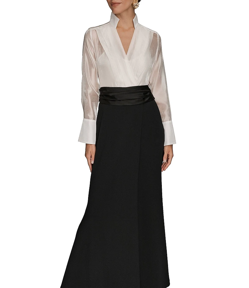 Donna Karan Organza Wrap V-Neck Long Sleeve Scuba Crepe And Satin Skirt Gown