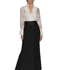 Donna Karan Organza Wrap V-Neck Long Sleeve Scuba Crepe And Satin Skirt Gown