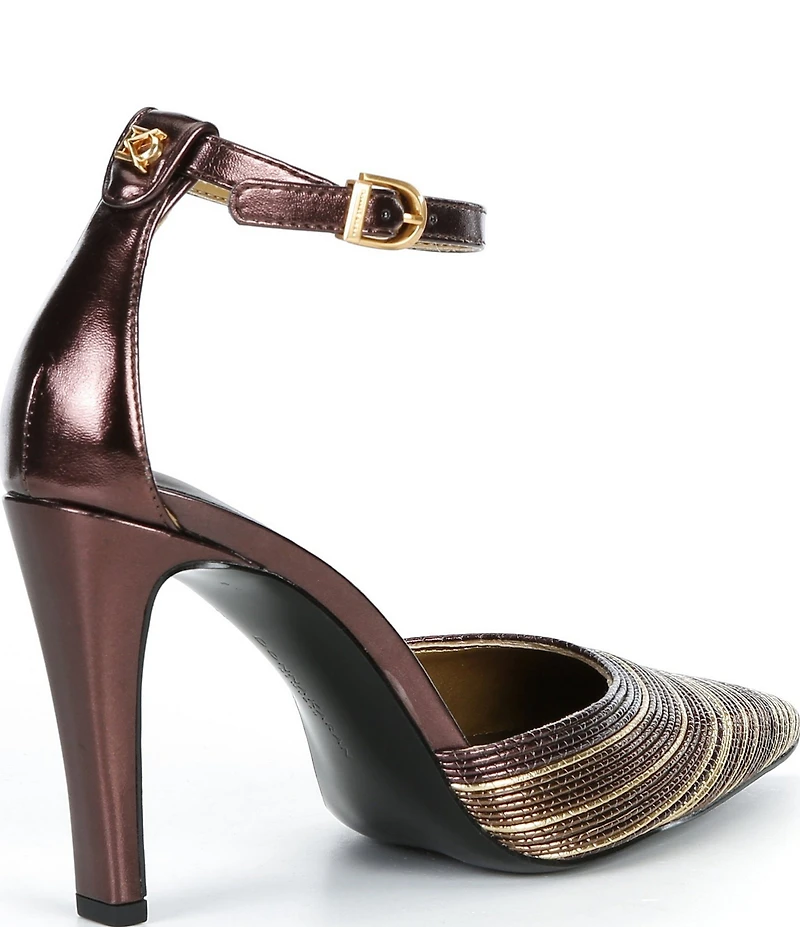 Donna Karan Patricia Metallic Ankle Strap Pointed Toe Stiletto Pumps