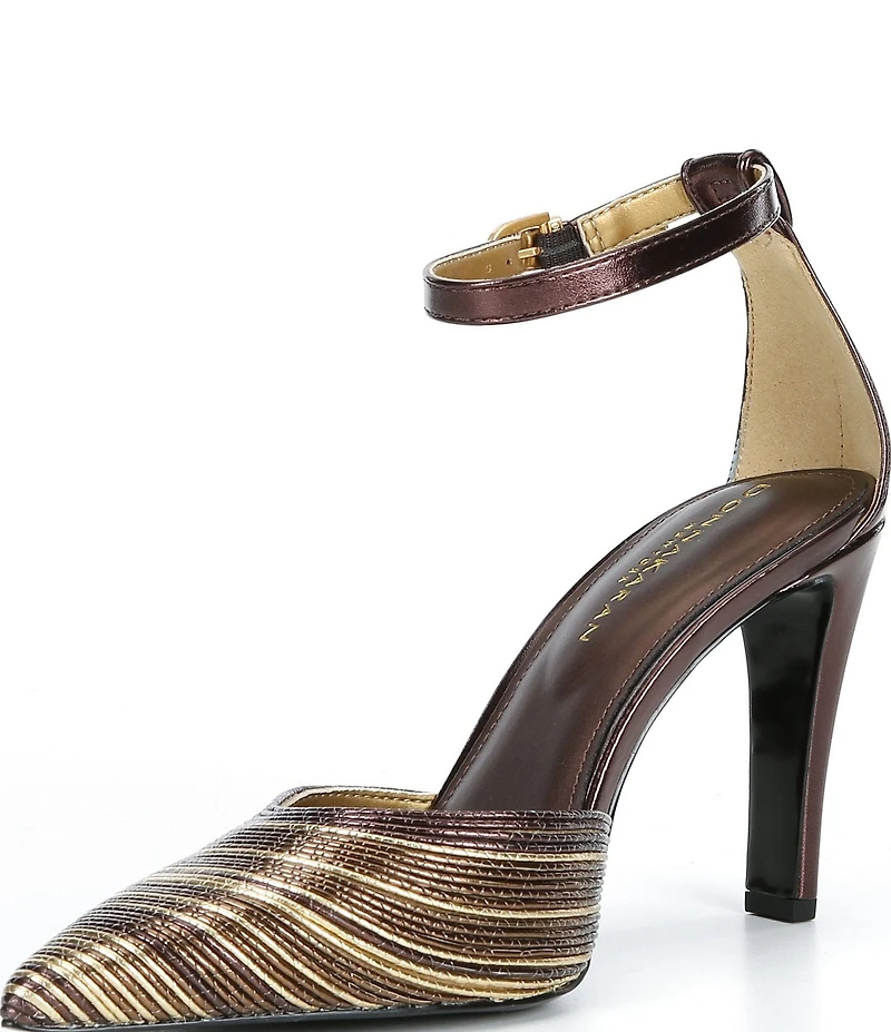 Donna Karan Patricia Metallic Ankle Strap Pointed Toe Stiletto Pumps