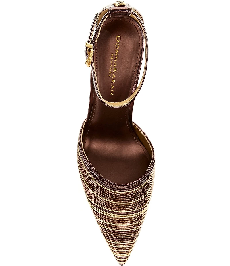 Donna Karan Patricia Metallic Ankle Strap Pointed Toe Stiletto Pumps