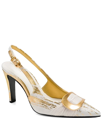 Donna Karan Peara Metallic Foil Buckle Oranmented Slingback Pointed Toe Pumps