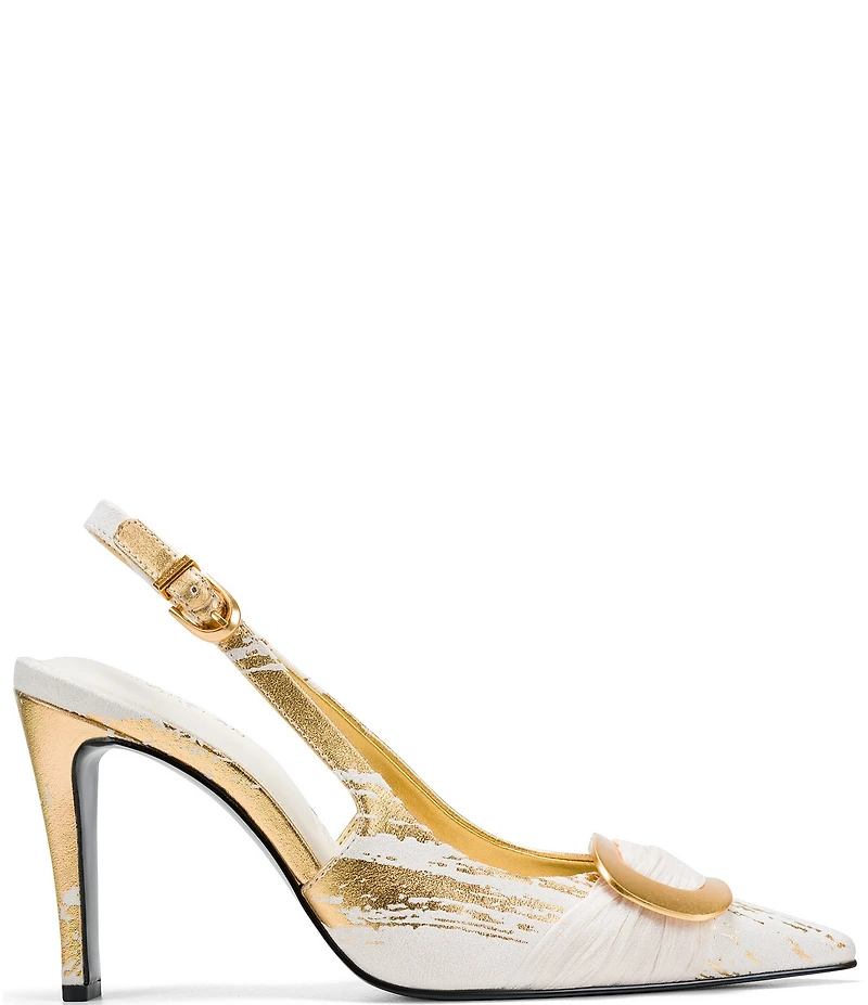 Donna Karan Peara Metallic Foil Buckle Oranmented Slingback Pointed Toe Pumps
