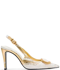 Donna Karan Peara Metallic Foil Buckle Oranmented Slingback Pointed Toe Pumps