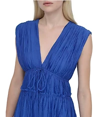 Donna Karan Petite Size Organza V Neck Sleeveless Front Tie Sheath Maxi Dress