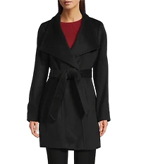 Donna Karan Petite Size Wool Blend Asymmetrical Wing Collar Belted Wrap Coat