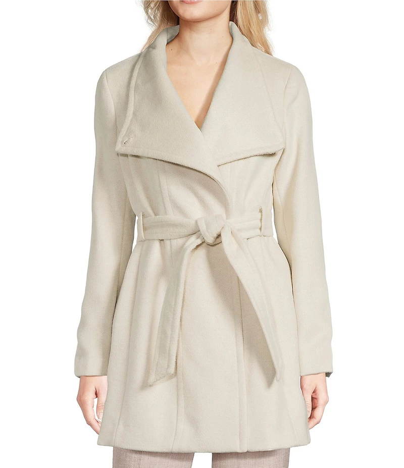 Donna Karan Petite Size Wool Blend Asymmetrical Wing Collar Belted Wrap Coat
