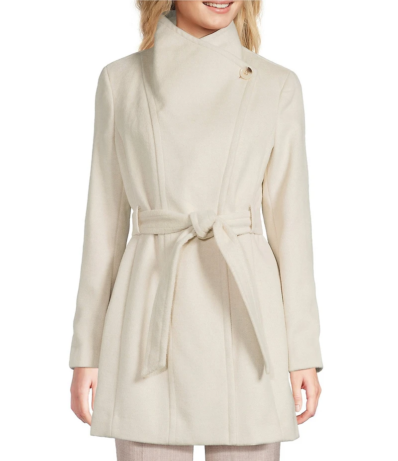 Donna Karan Petite Size Wool Blend Asymmetrical Wing Collar Belted Wrap Coat